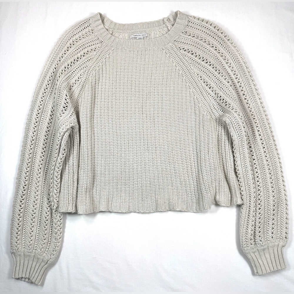AMERICAN EAGLE Open Stitch Knit Ivory Sweater Boho Coastal Beachy Size Medium